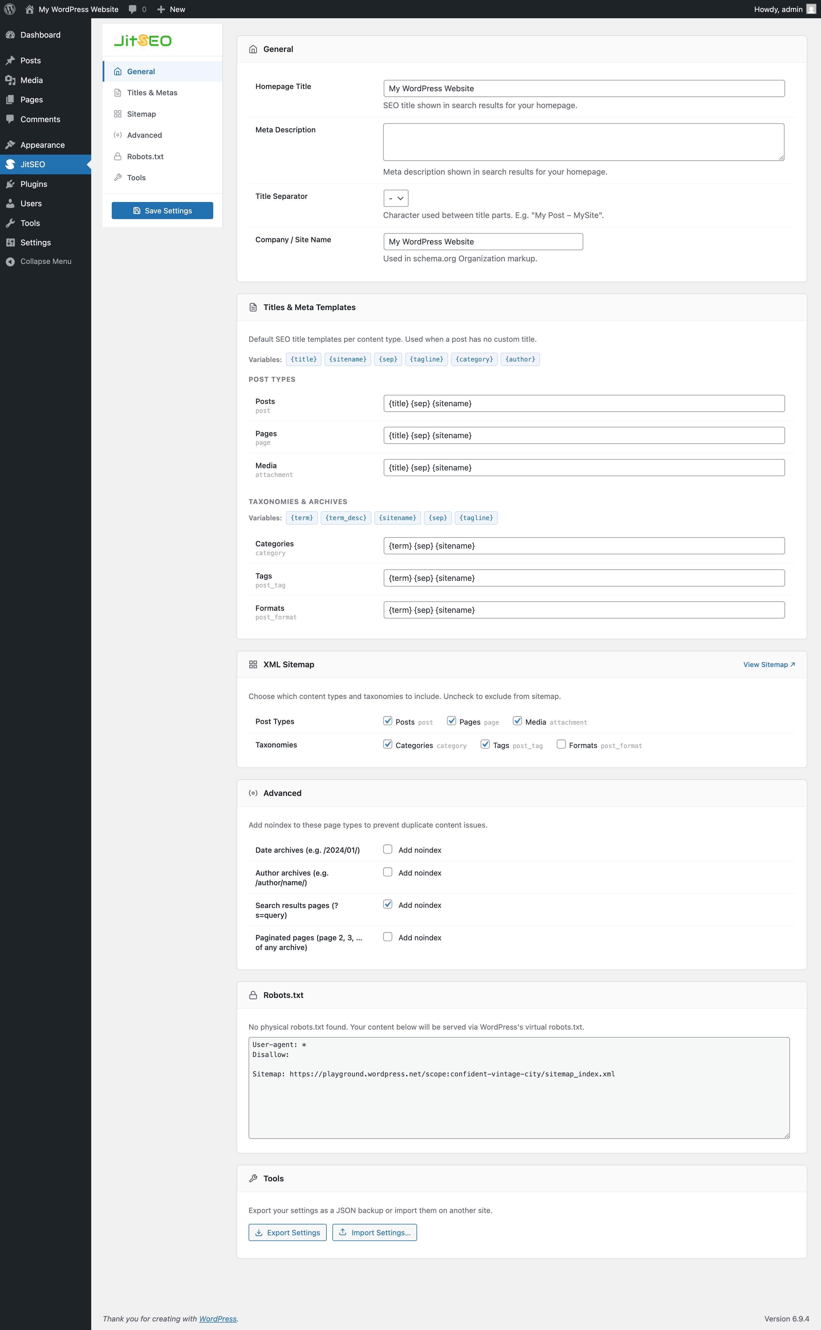 JitSEO Suite settings dashboard, showing General, Titles & Meta Templates, XML Sitemap, Advanced, and Robots.txt sections